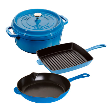 Staub Cast iron 4 Piece, Essential Cast Iron Cookware Set, ice-blue