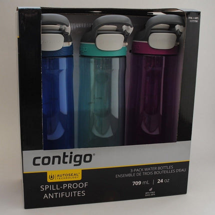 Contigo AUTOSEAL Leak-Proof Water Bottle – 24oz, 3 Pack (Smoke, Aqua, Sangria)