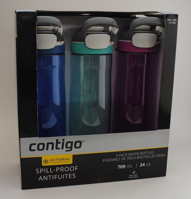 Contigo AUTOSEAL Leak-Proof Water Bottle – 24oz, 3 Pack (Smoke, Aqua, Sangria)