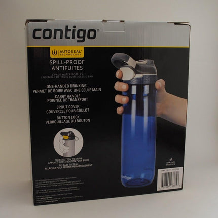 Contigo AUTOSEAL Leak-Proof Water Bottle – 24oz, 3 Pack (Smoke, Aqua, Sangria)