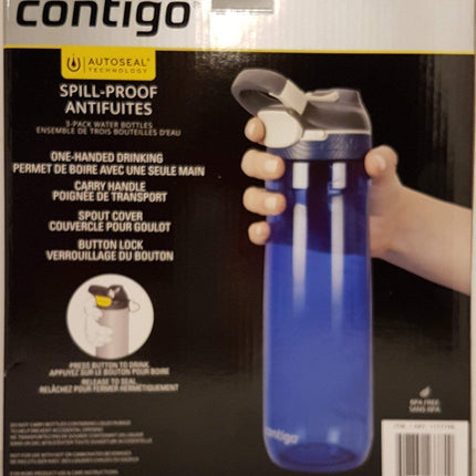 Contigo Autoseal Spill-Proof Water Bottle 24oz, 3 pack (Smoke, Iced Aqua, Grapevine)