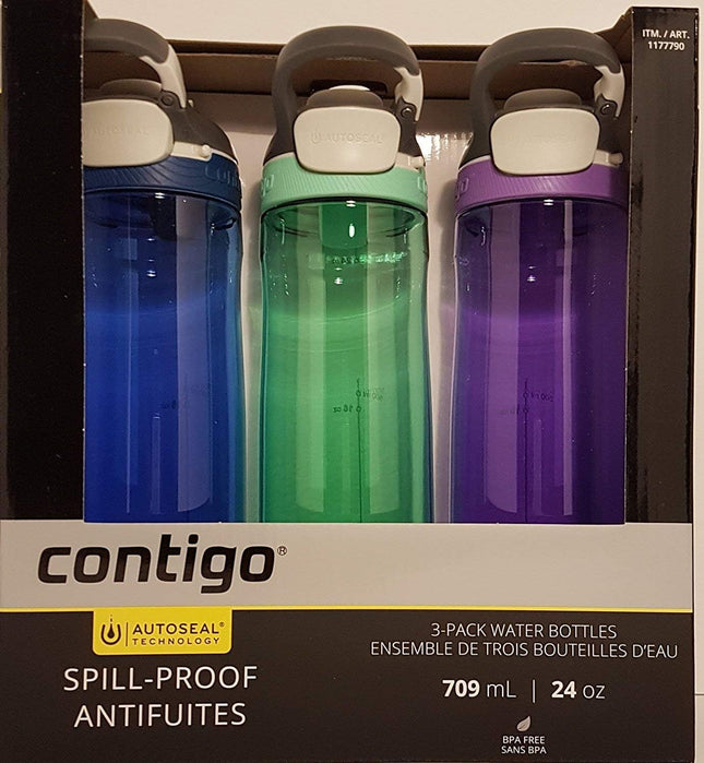 Contigo Autoseal Spill-Proof Water Bottle 24oz, 3 pack (Smoke, Iced Aqua, Grapevine)