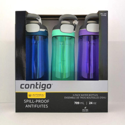 Contigo Autoseal Spill-Proof Water Bottle 24oz, 3 pack (Monaco, Grayed Jade, Radiant Orchid)