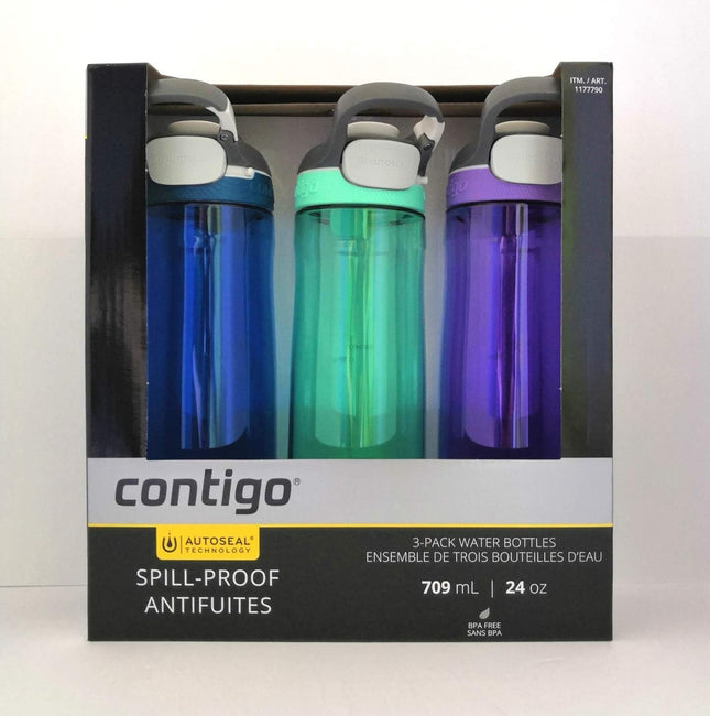Contigo Autoseal Spill-Proof Water Bottle 24oz, 3 pack (Monaco, Grayed Jade, Radiant Orchid)