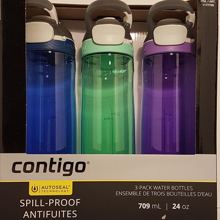 Contigo Autoseal Spill-Proof Water Bottle 24oz, 3 Pack (Monaco, Sweet Mint, Grapevine)