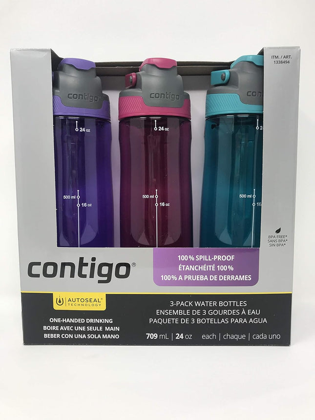 Contigo AUTOSEAL Leak-Proof Water Bottles – 3 Pack (Purple, Pink, Blue)