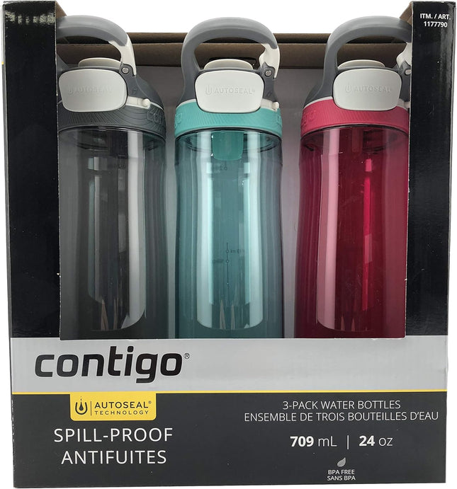Contigo Autoseal Spill-Proof Water Bottle 24oz, 3 pack (Smoke, Grayed Jade, Sangria)