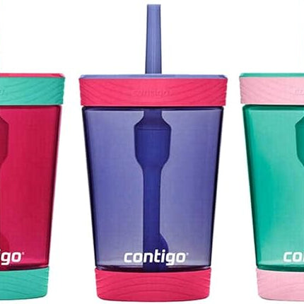 Contigo Kids Spill Proof Tumbler w/Straw &amp; Soft Grip Bottom Pad - BPA Free, Durable Tritan, Spill-Proof Valve -Great for Children, Travel, School - Cherry Blossom, Westeria, Persian Green-14oz, 3 Pack