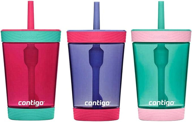 Contigo Kids Spill Proof Tumbler w/Straw &amp; Soft Grip Bottom Pad - BPA Free, Durable Tritan, Spill-Proof Valve -Great for Children, Travel, School - Cherry Blossom, Westeria, Persian Green-14oz, 3 Pack