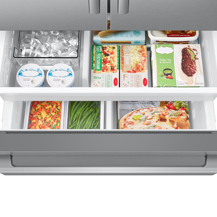 Samsung Bespoke AI 3-Door French Door Refrigerator RF70 Sleek Zero Clearance Fit In-Door Tall Dispenser 29 cu.ft. - Silver